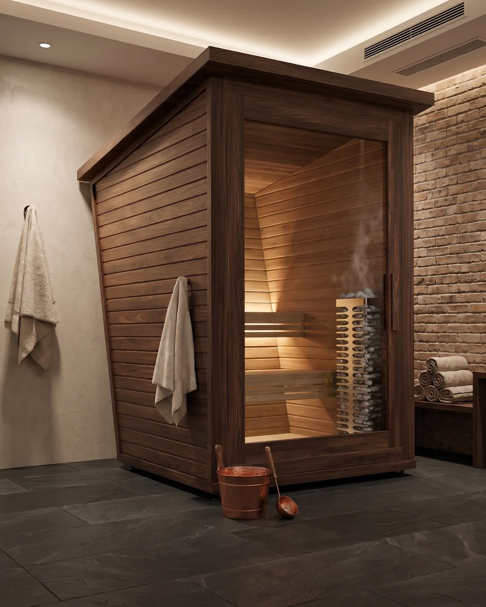 Recreación de la sauna: cabina de madera con puerta de vidrio, banco y estufa, en una sala con pared de ladrillo visto
